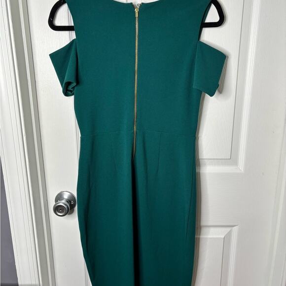 Express Green Cold Shoulder Knee Length Dress Gold Back Zipper Size 4 - Picture 6 of 7